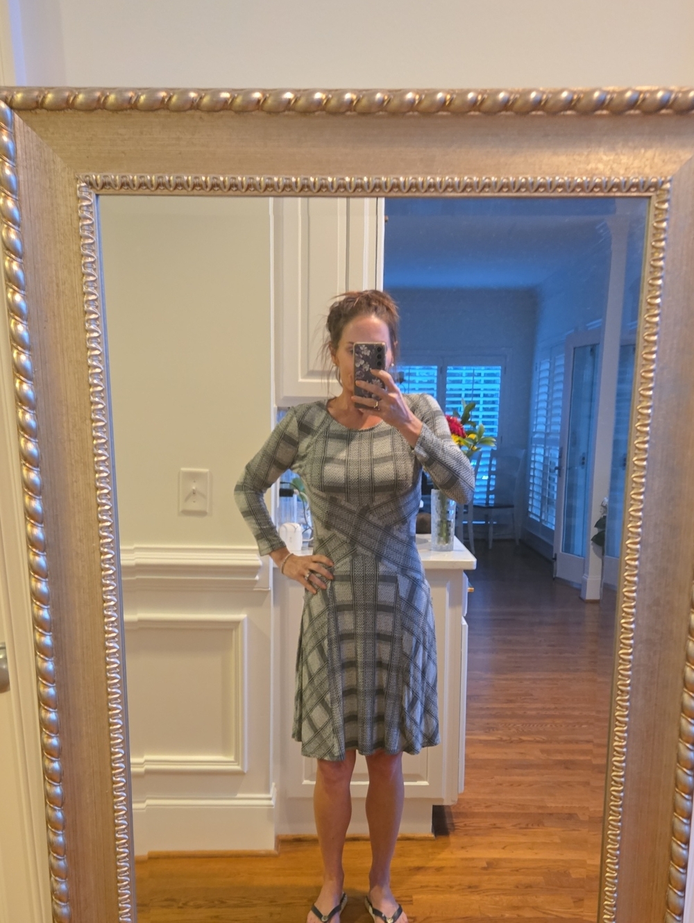 BCBG Gray Plaid Long-Sleeve Fit & Flare Dress